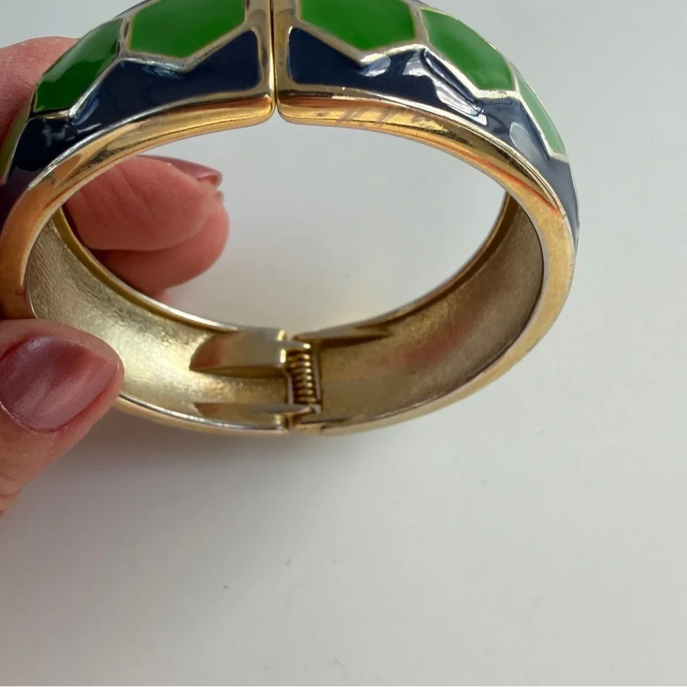 Enamel Green and Blue Hexagon Bangle Bracelet Statement‎ Spring Hinge Seahawks